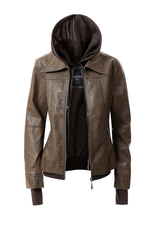 Autumn Feels Hooded Faux Leather Jacket