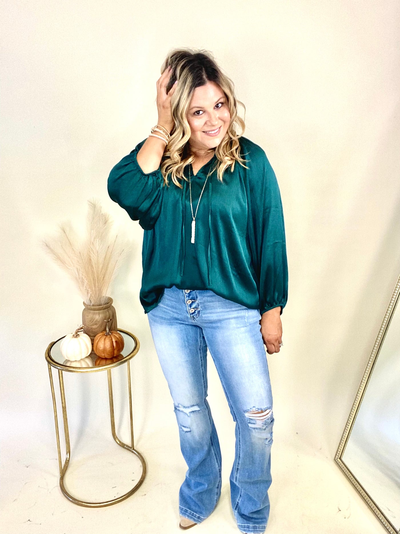 Let Me Adore You Satin Blouse In Hunter Green