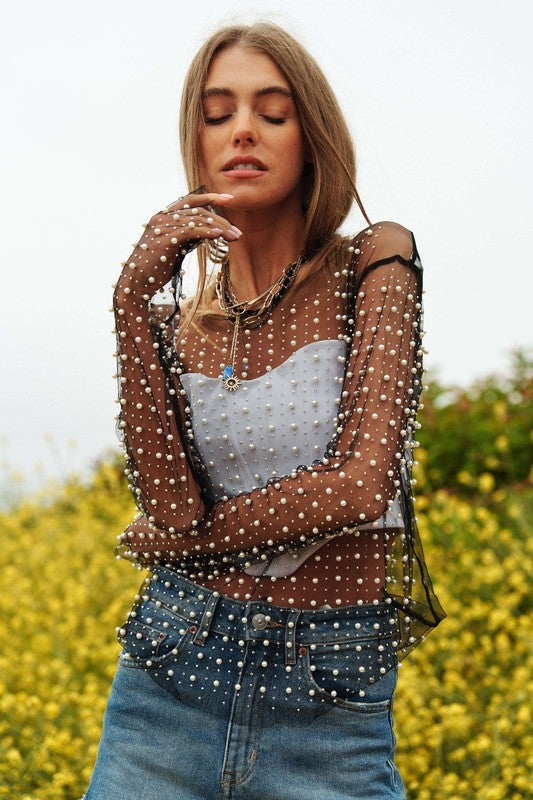 Country Glam Bead and Pearl Long Sleeve Mesh Top