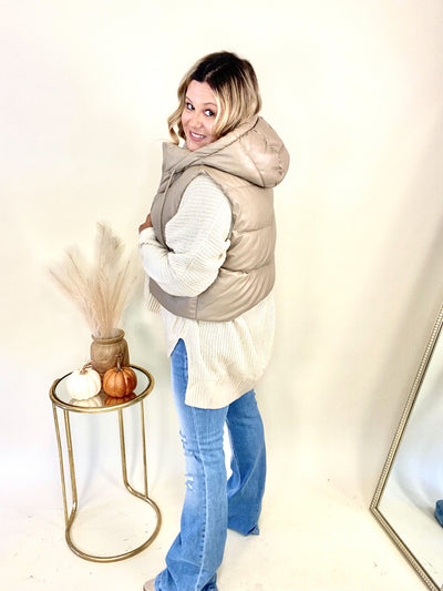 Eyes On You Taupe Faux Leather Hooded Cropped Vest
