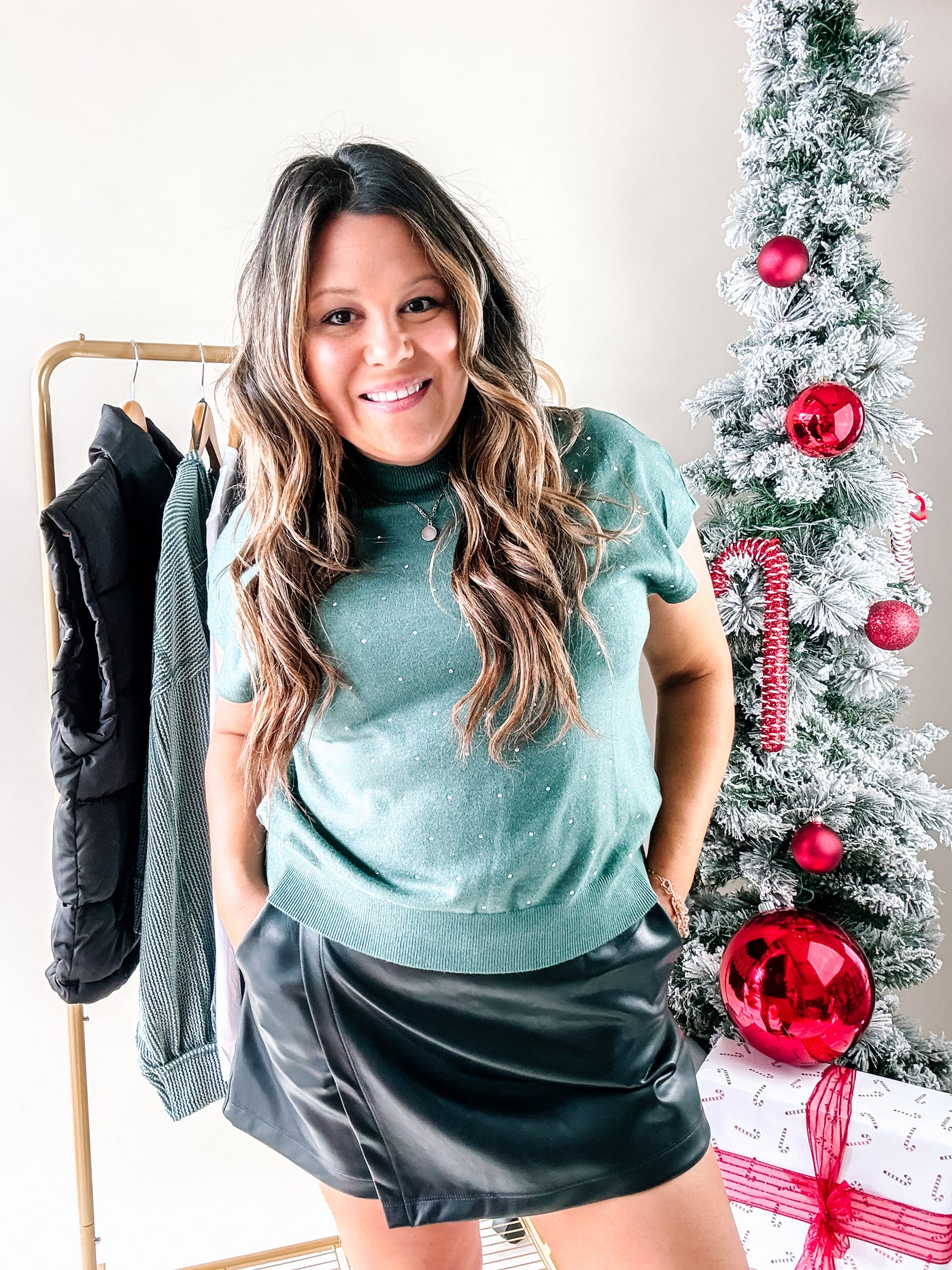 Holiday Social Hunter Green Rhinestone Top