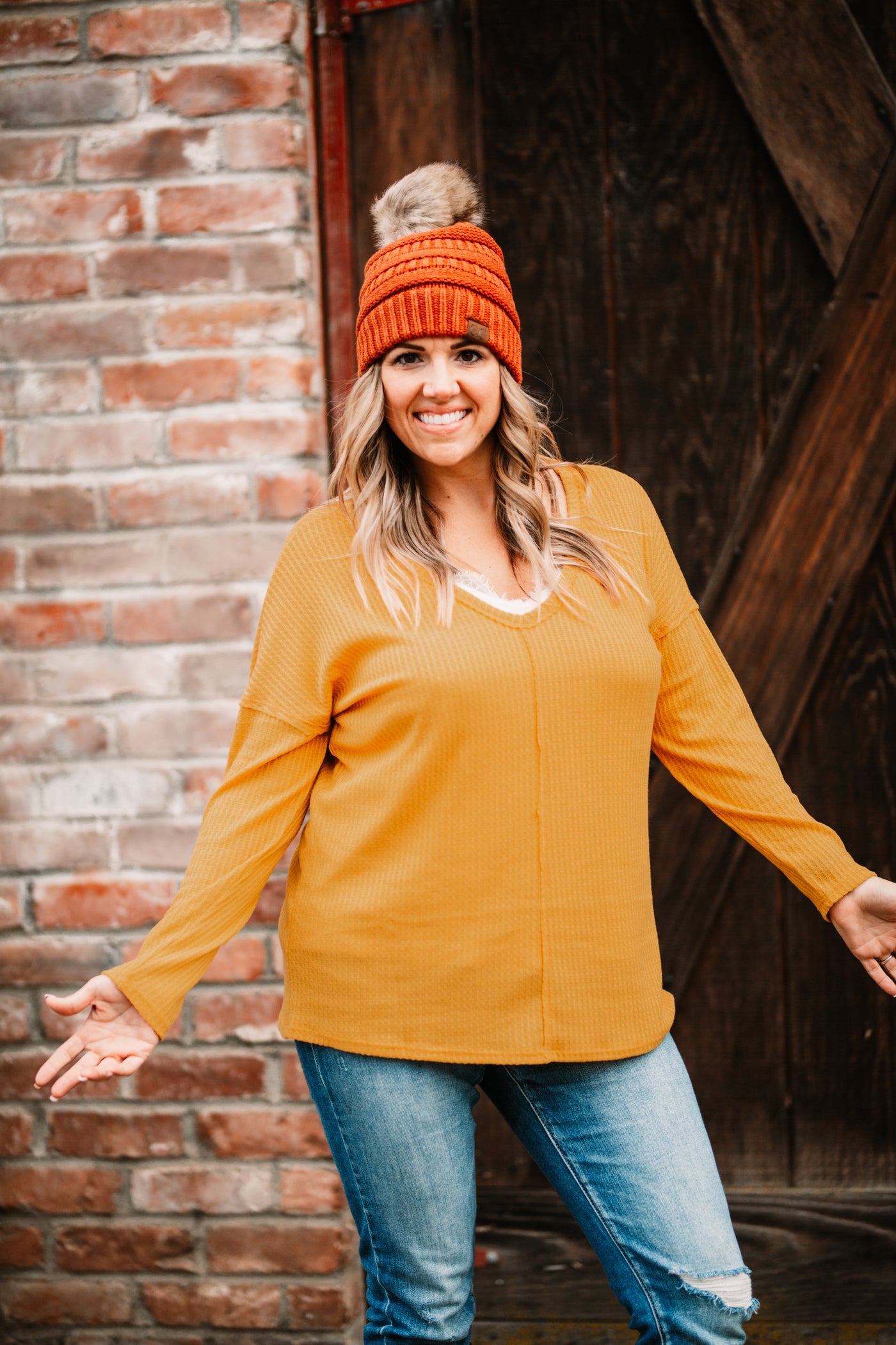 Back To Basic Thermal Waffle Knit Long Sleeve In Mustard