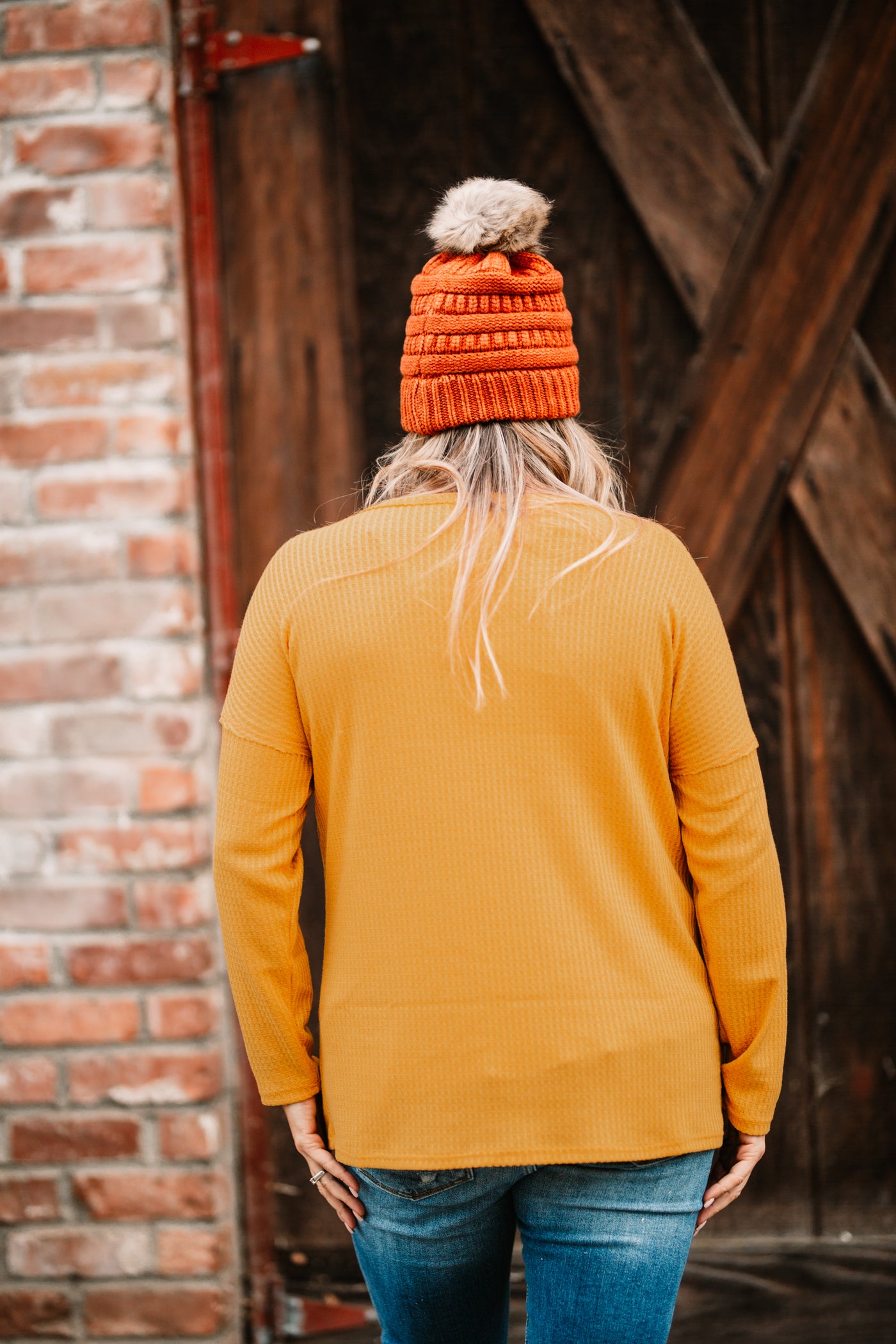 Back To Basic Thermal Waffle Knit Long Sleeve In Mustard