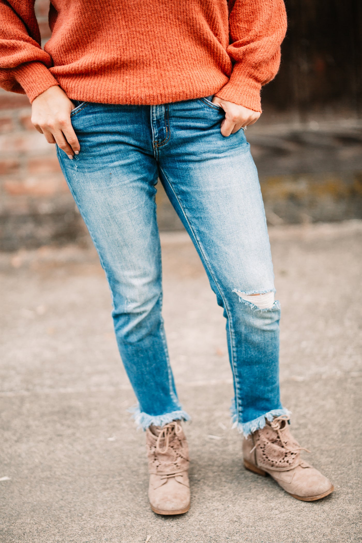 Everly Distressed Frayed Hem Medium Wash Jeans