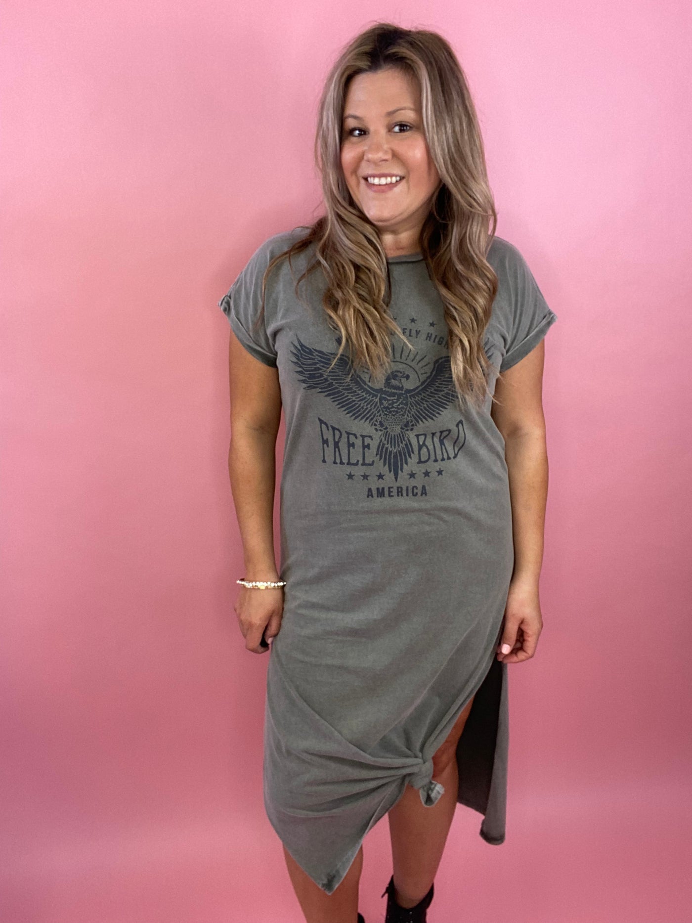 Won't You Fly High Graphic Free Bird T-Shirt Dress In Olive