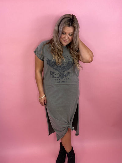 Won't You Fly High Graphic Free Bird T-Shirt Dress In Olive
